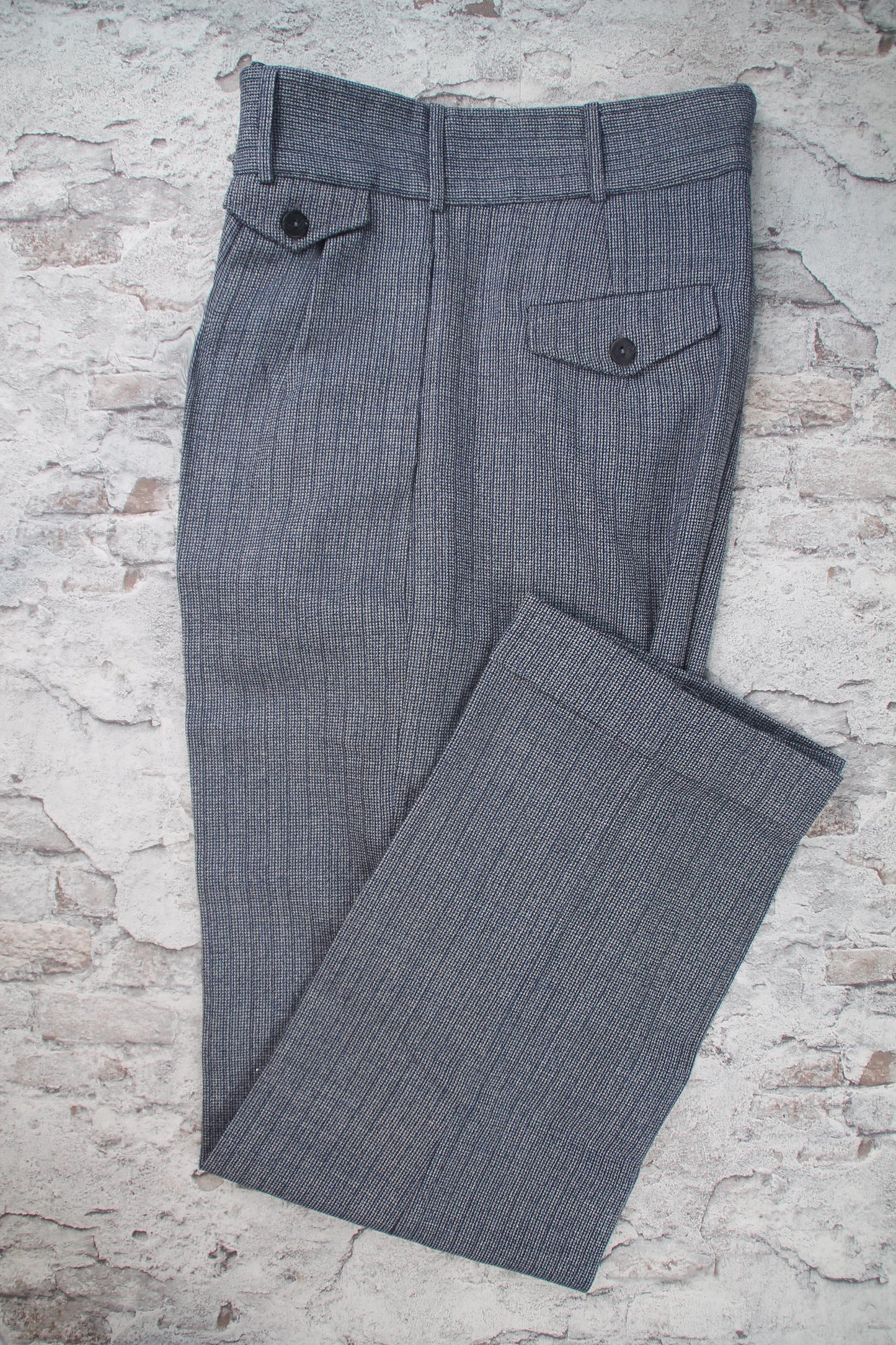1940s Style Wool Trousers: High Waisted Pleated grey and Indigo Blue