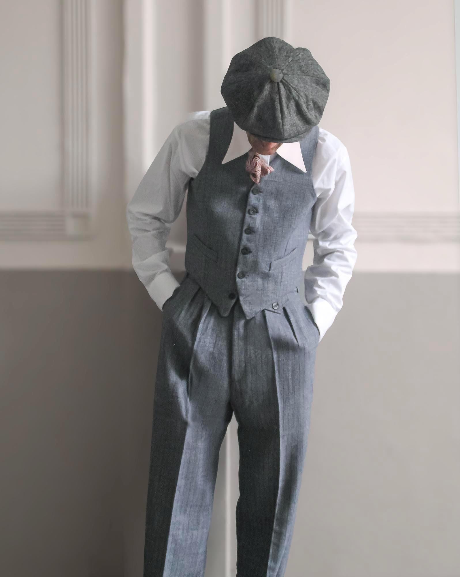 1940s Style Wool Trousers: High Waisted Pleated grey and Indigo Blue
