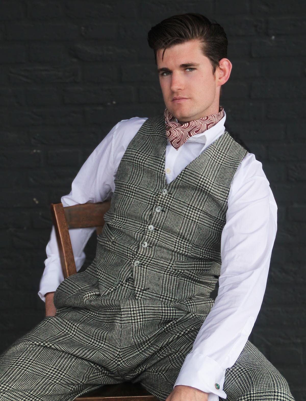 1930s style trouser and waistcoat in a heavy wool fabric with houndstooth check, also known asdog tooth Glenn check in black and wool white.