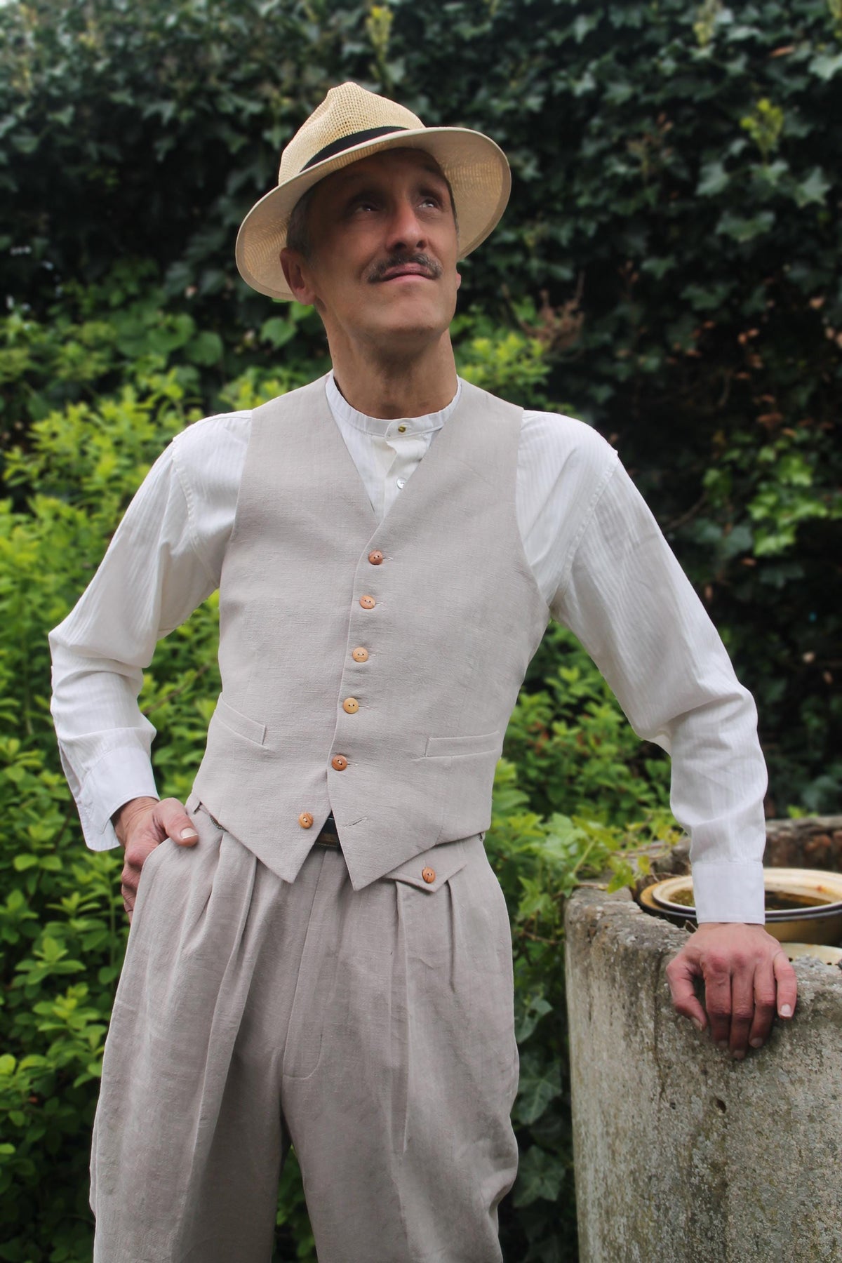 1930s 1940s waistcoat vintage style in steal blue linen