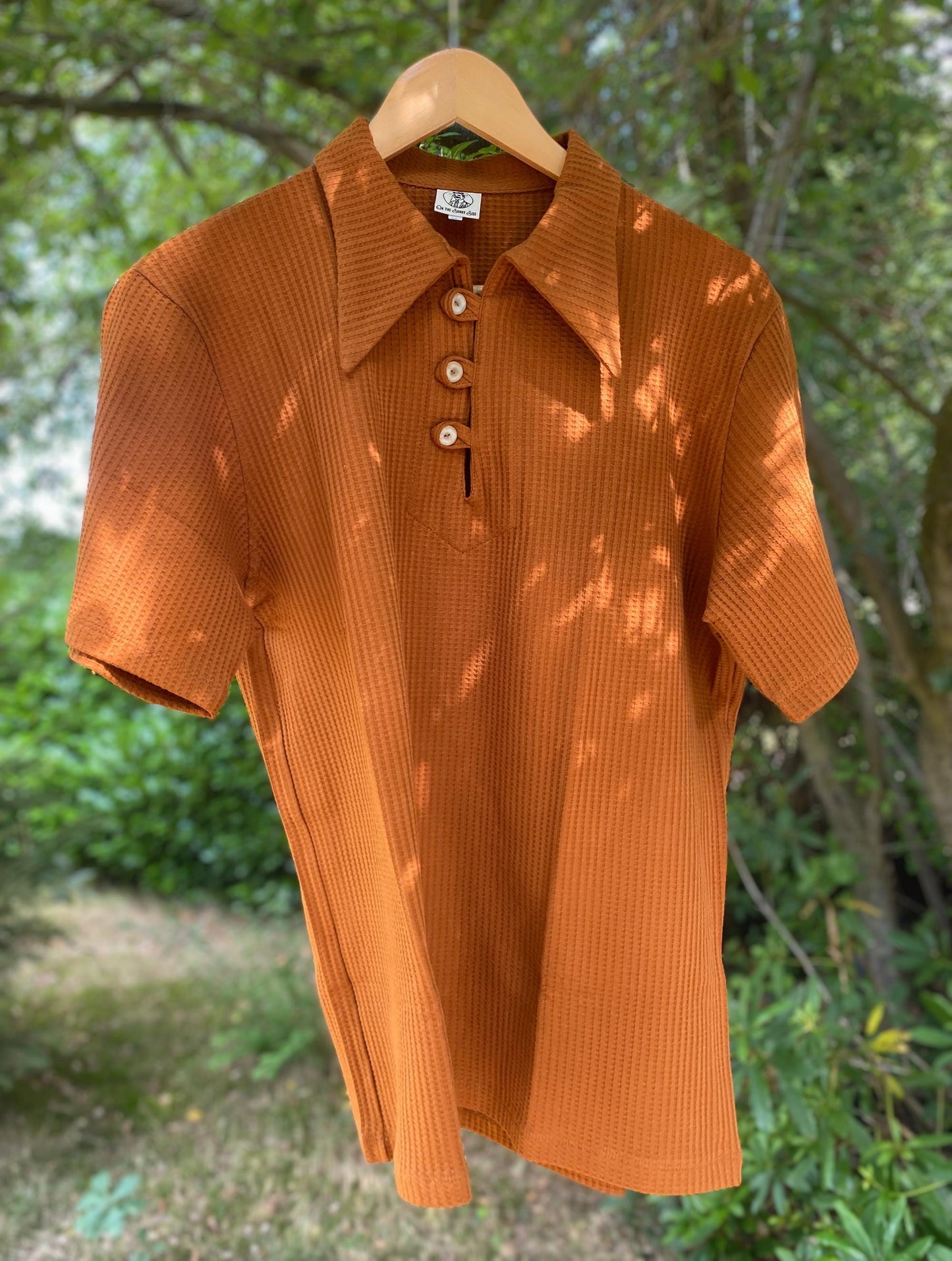 1930s style organic cotton polo shirt caramel brown orange