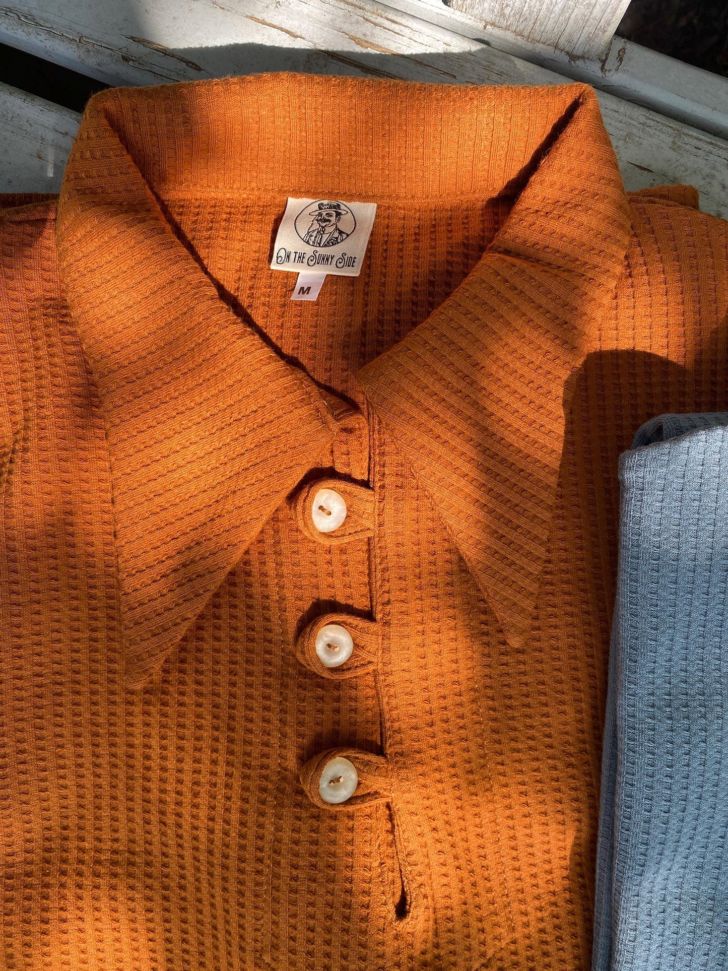 1930s style organic cotton polo shirt caramel brown orange