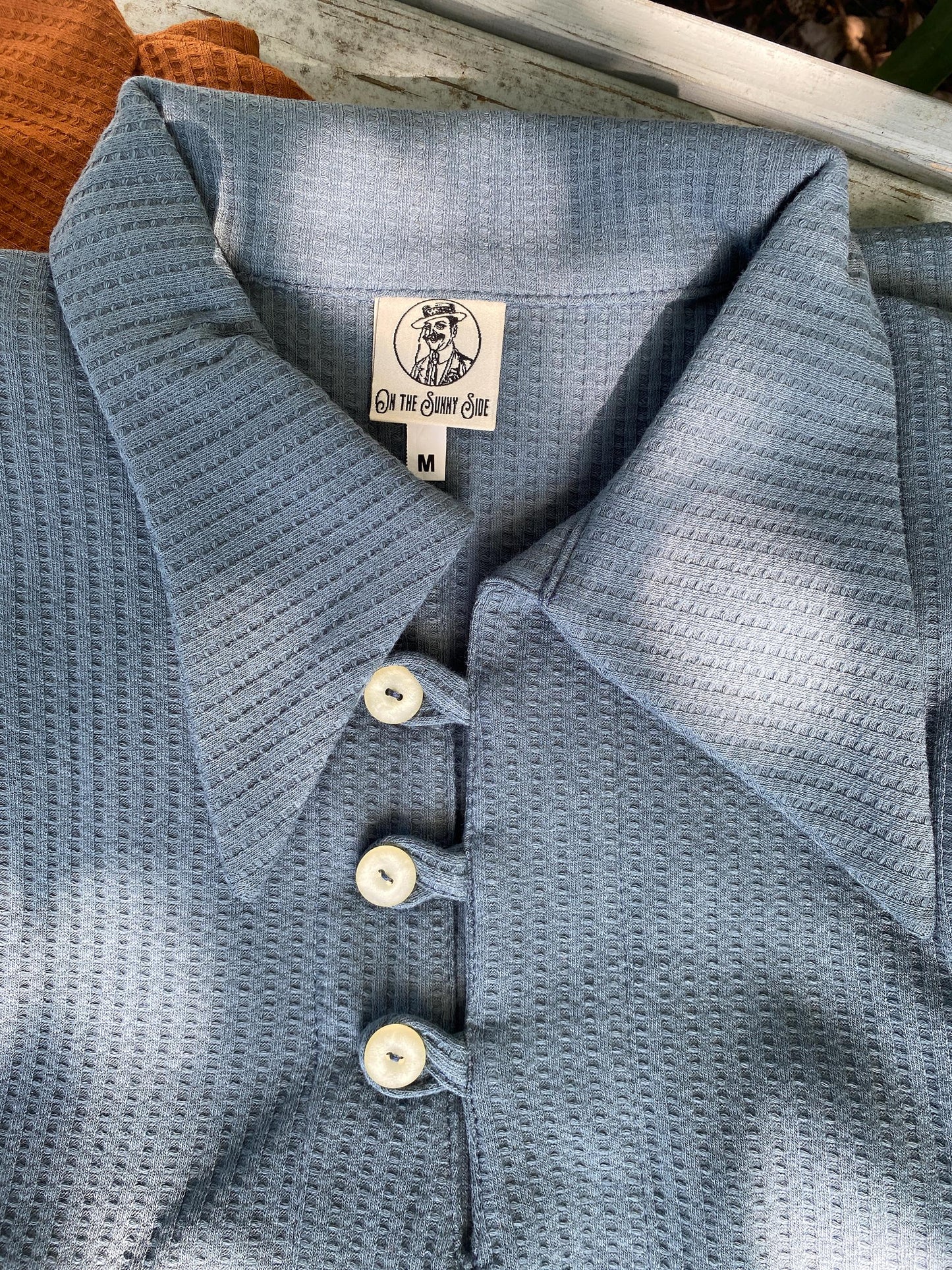 Mens polo shirt bio cotton jersey petrol blue and copper