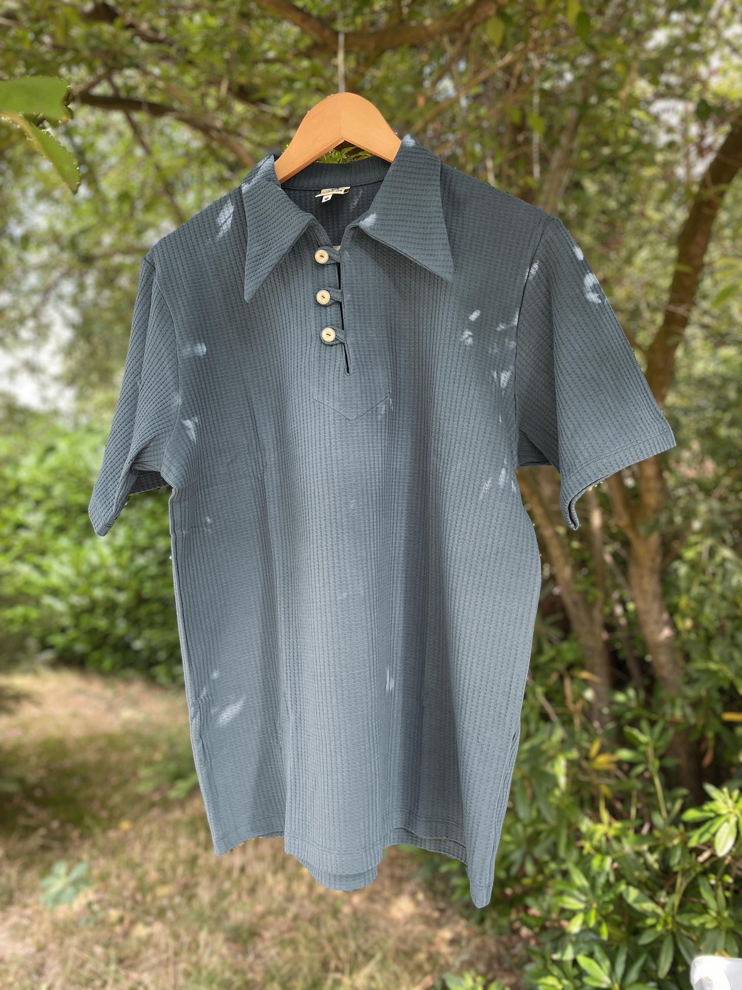 Mens polo shirt bio cotton jersey petrol blue and copper