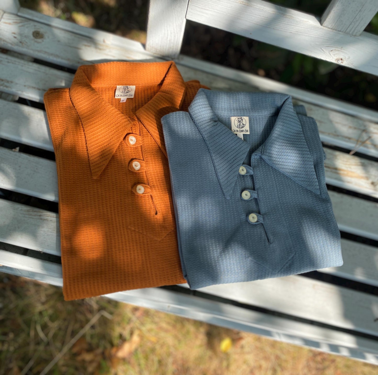 1930s style organic cotton polo shirt caramel brown orange