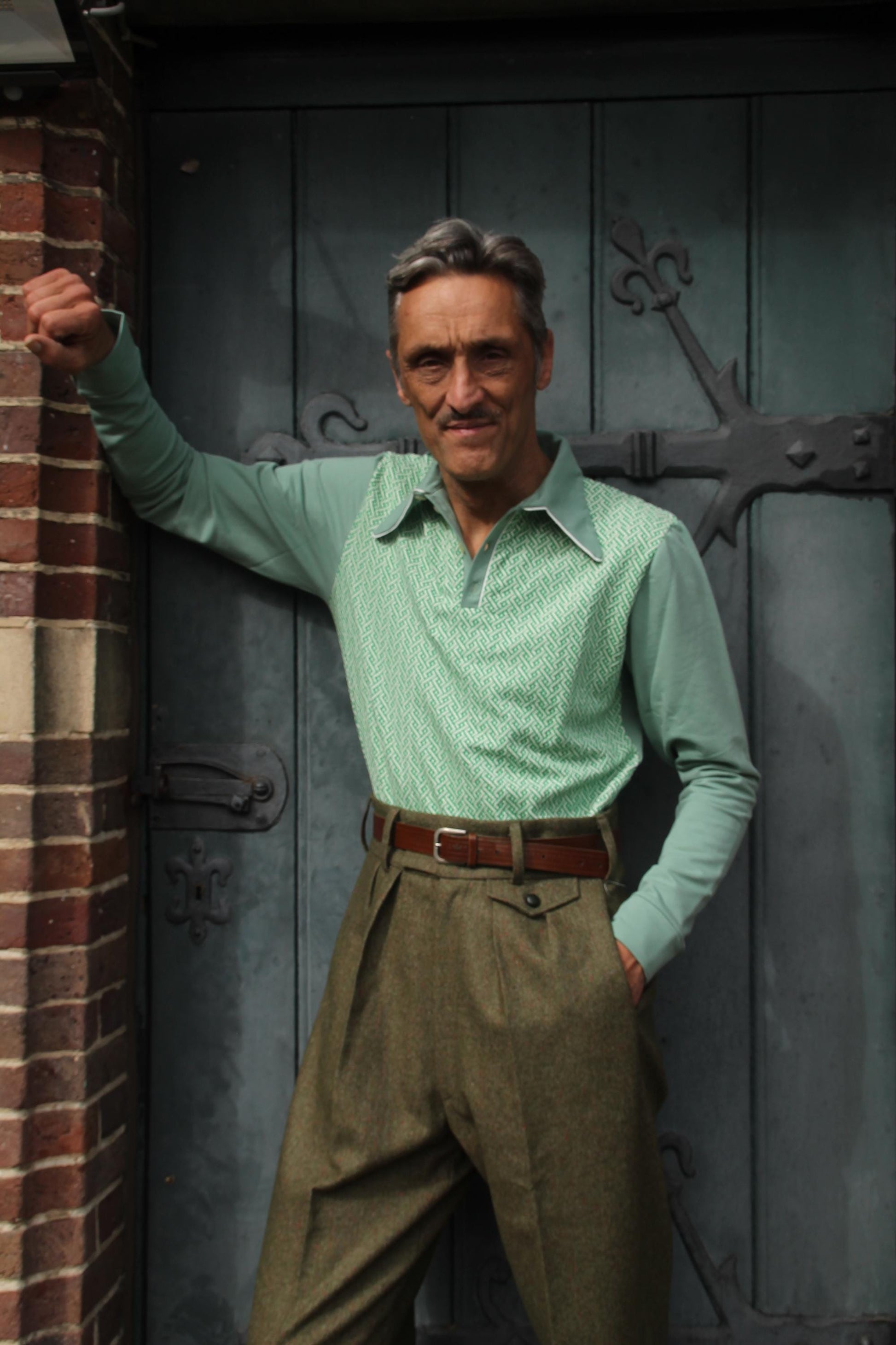 retro polo shirt long sleeve dark mint 1940s style spearpoint collar shirt