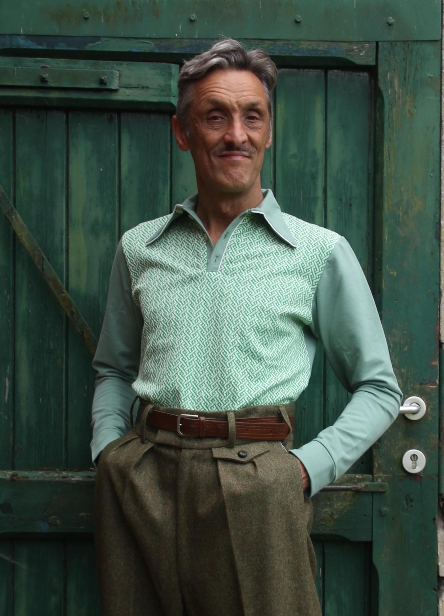 retro polo shirt long sleeve dark mint 1940s style spearpoint collar shirt