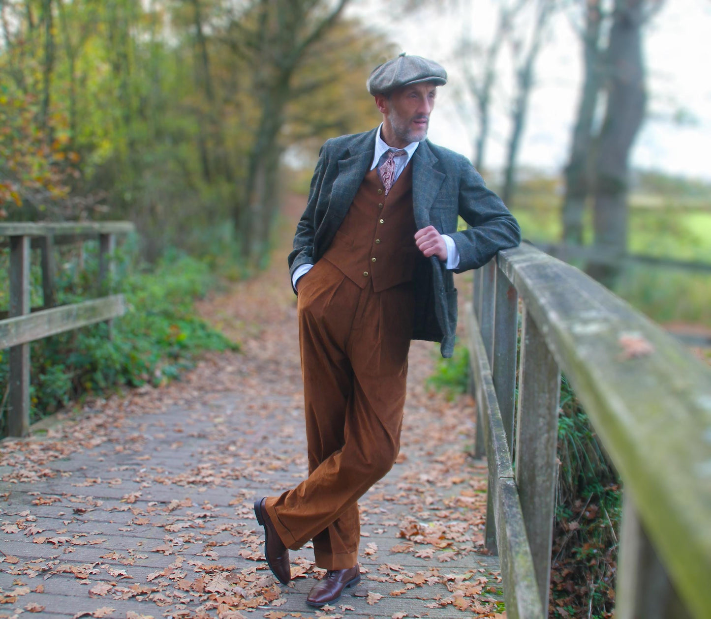 1940s Style Corduroy Trousers: High Waisted Golden Brown Pleated Pants