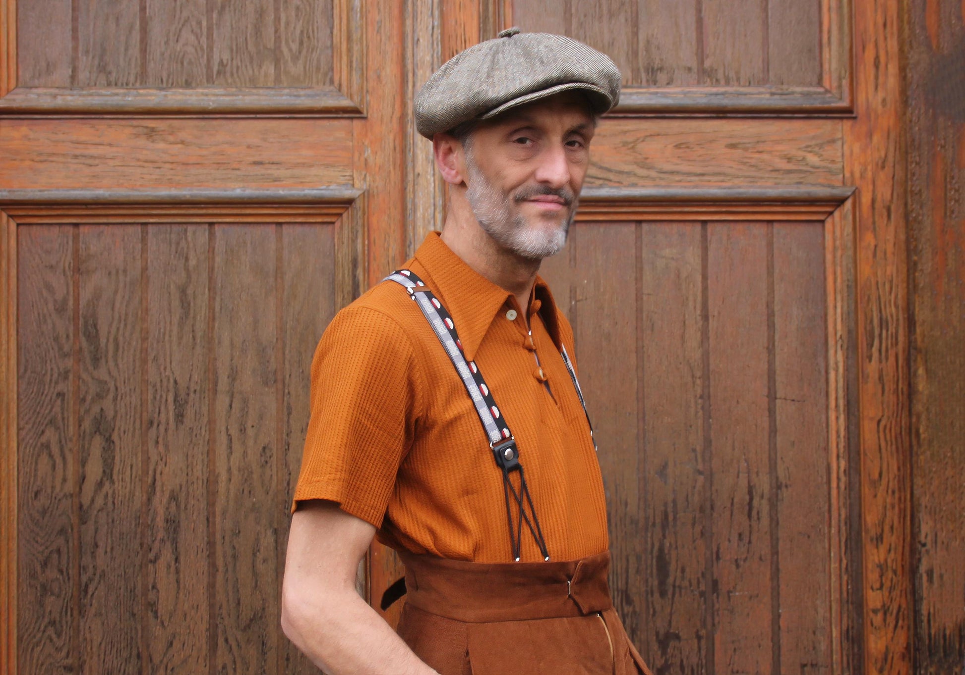 1930s style organic cotton polo shirt caramel brown orange