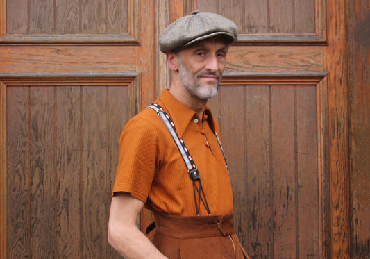 1930s style organic cotton polo shirt caramel brown orange