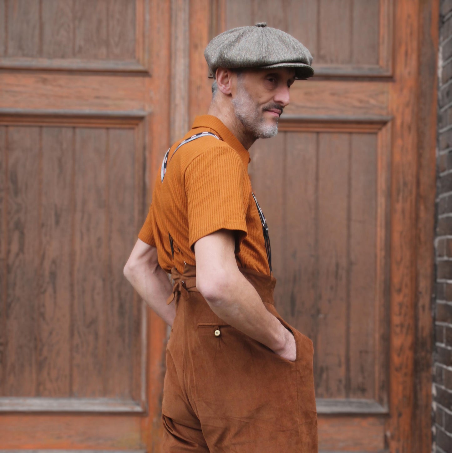 1930s style organic cotton polo shirt caramel brown orange