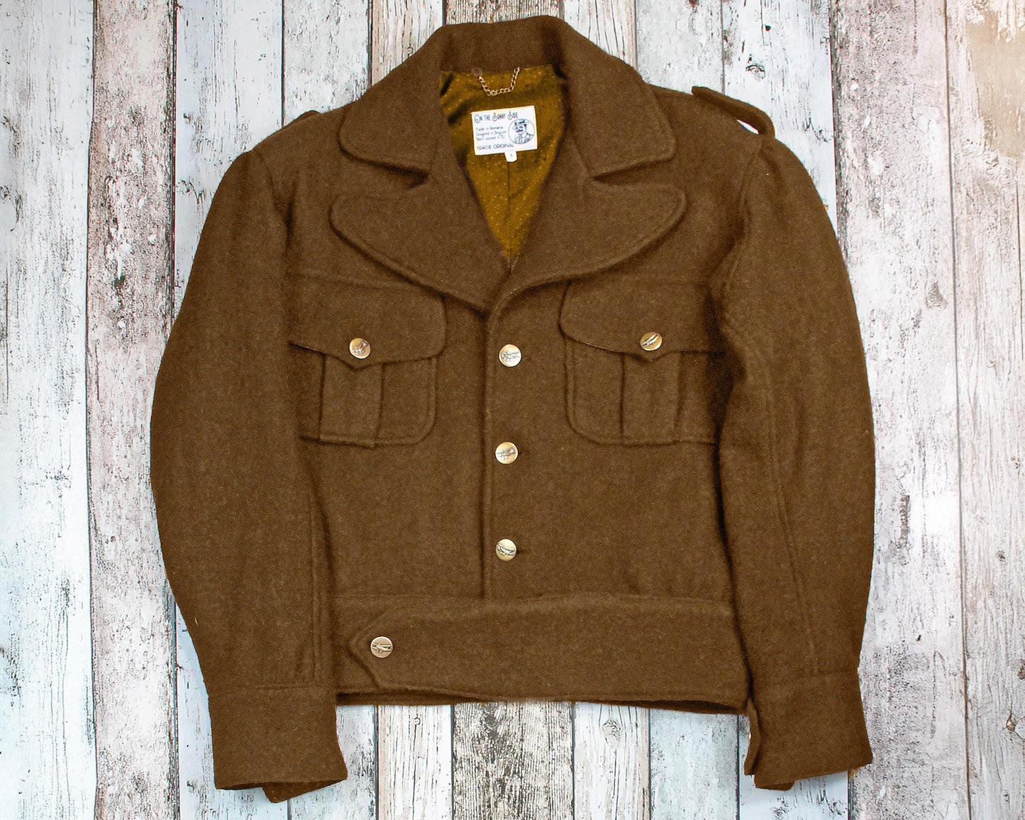 1940s vintage style repro Ike jacket in camel brown or royal blue pure wool