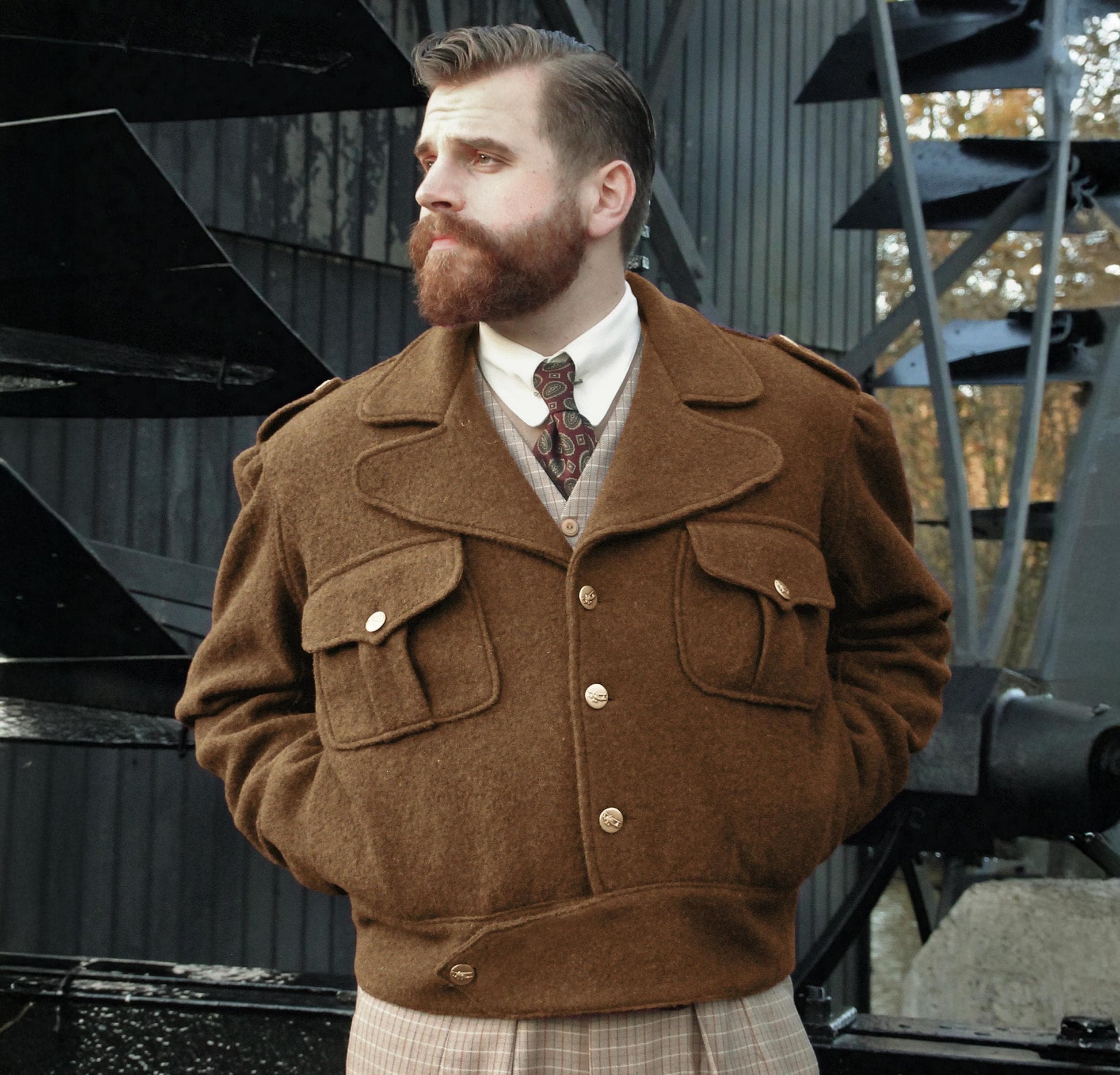 1940s vintage style repro Ike jacket in camel brown or royal blue pure wool