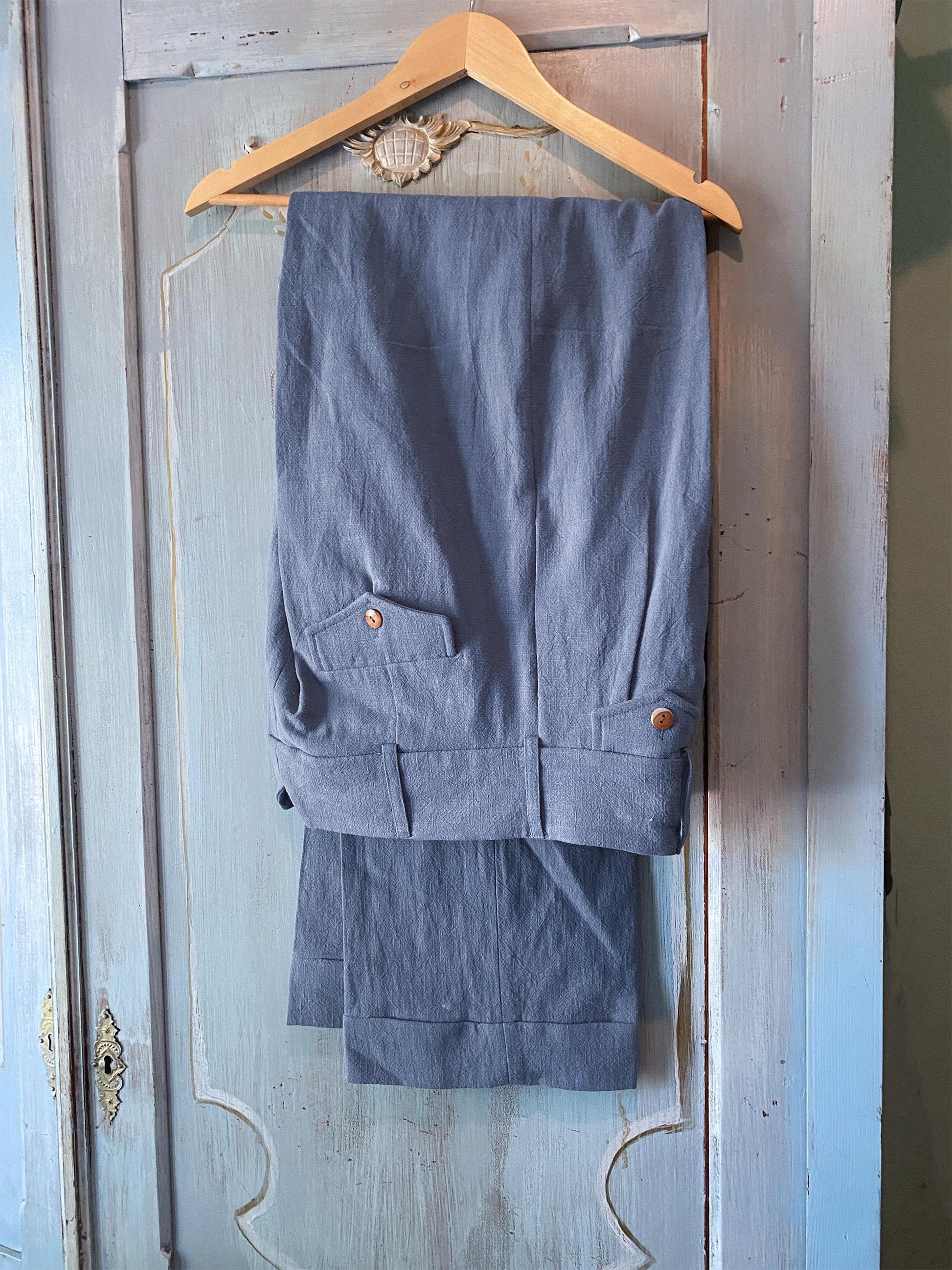 1940s Vintage Style Trousers Washed Blue Linen, Classic High Waist Pleated Pants