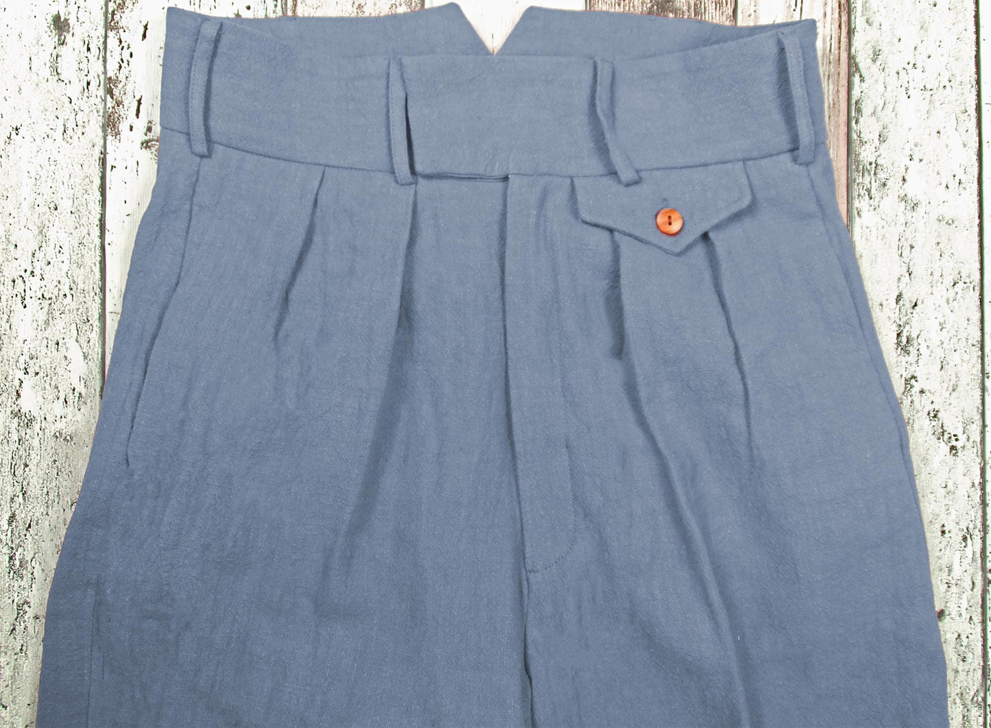 1940s Vintage Style Trousers Washed Blue Linen, Classic High Waist Pleated Pants