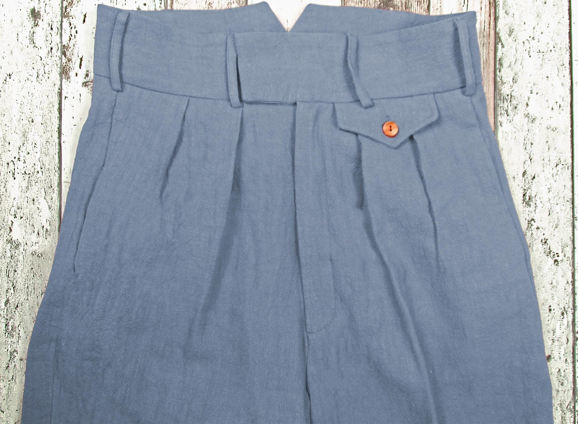1940s Vintage Style Trousers Washed Blue Linen, Classic High Waist Pleated Pants