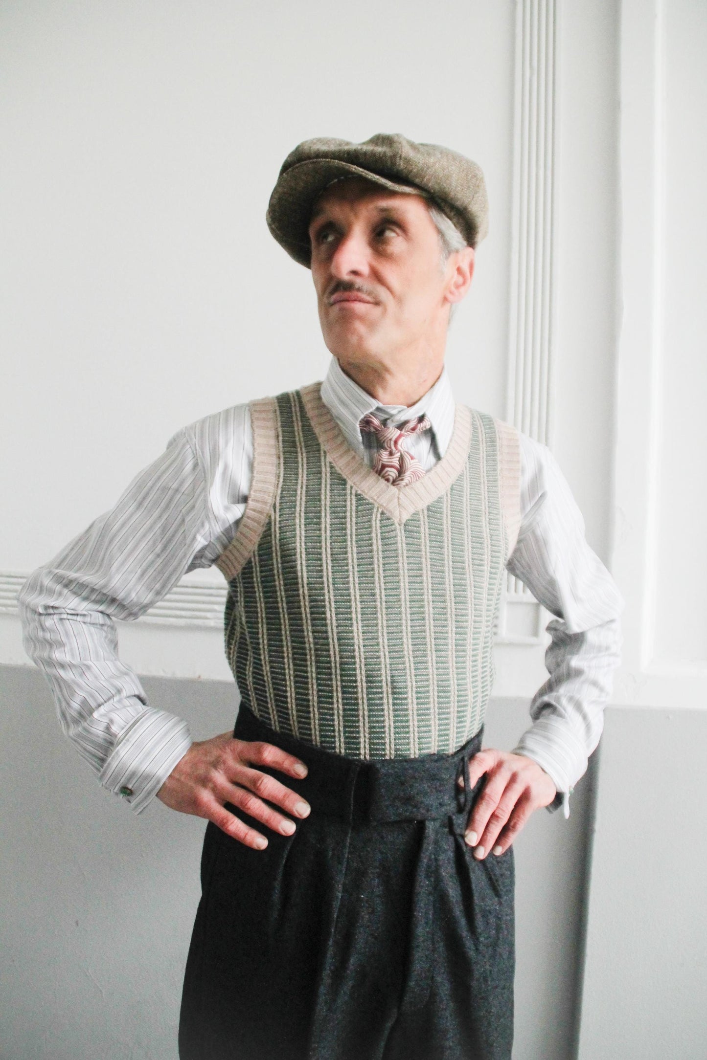 1930s vintage style spearpoint collar shirt in white and grey striped cotton with French cuffs for cufflinks