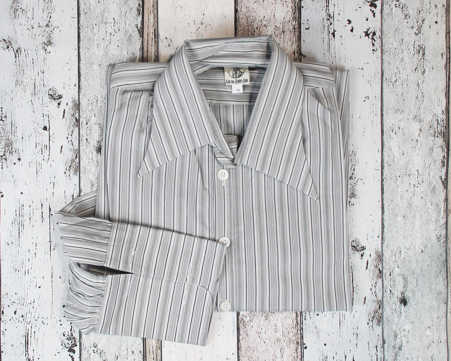 1930s vintage style spearpoint collar shirt in white and grey striped cotton with French cuffs for cufflinks