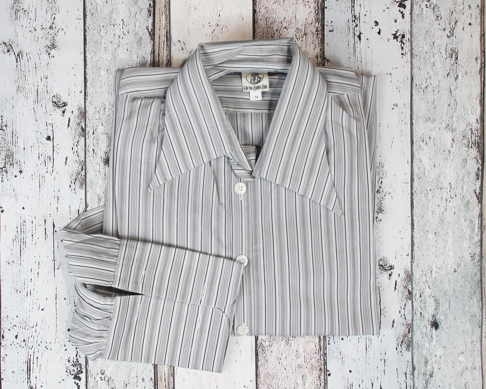 1930s vintage style spearpoint collar shirt in white and grey striped cotton with French cuffs for cufflinks