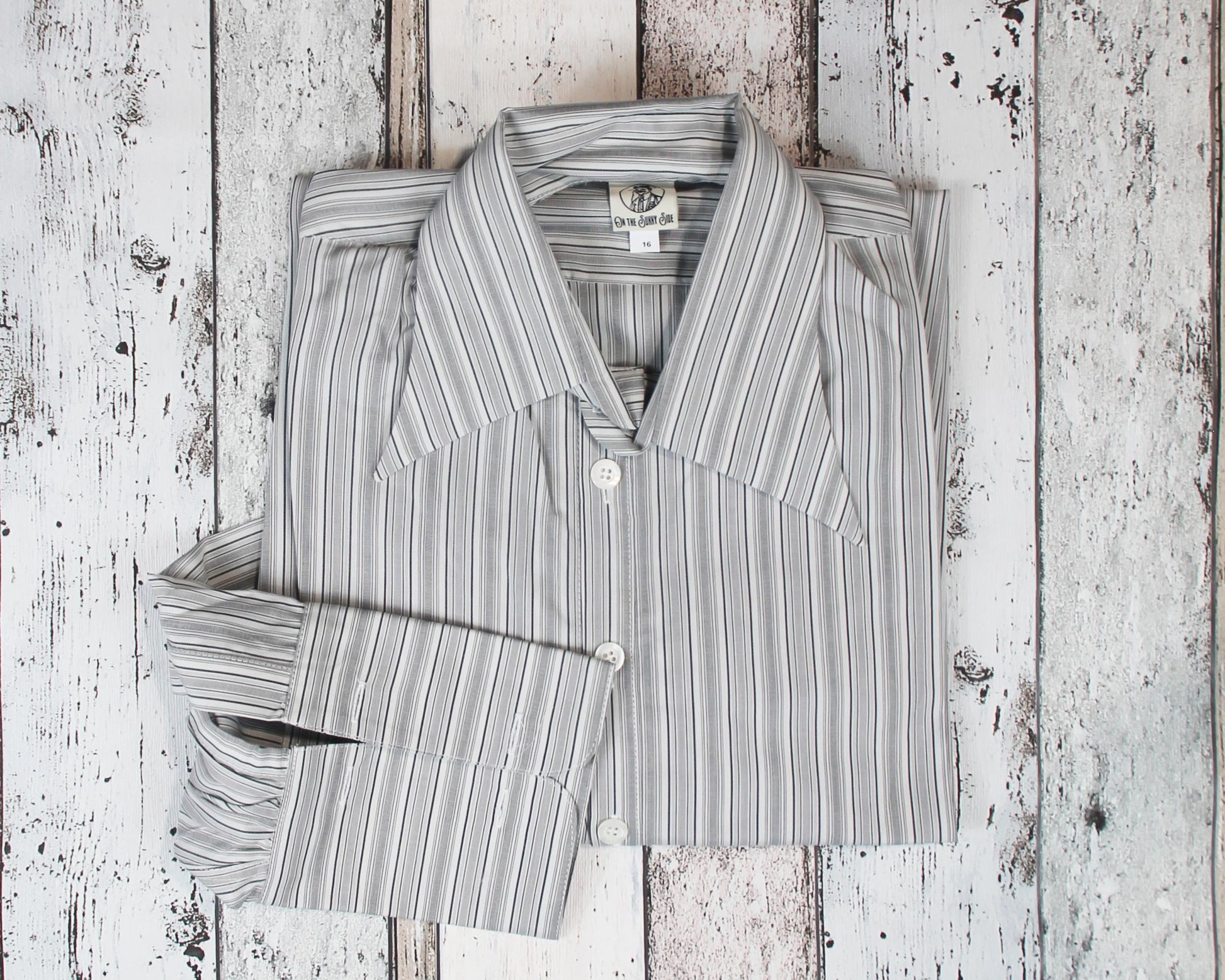 1930s Style Spearpoint Collar Shirt: White Grey Stripe Cotton, French Cuffs