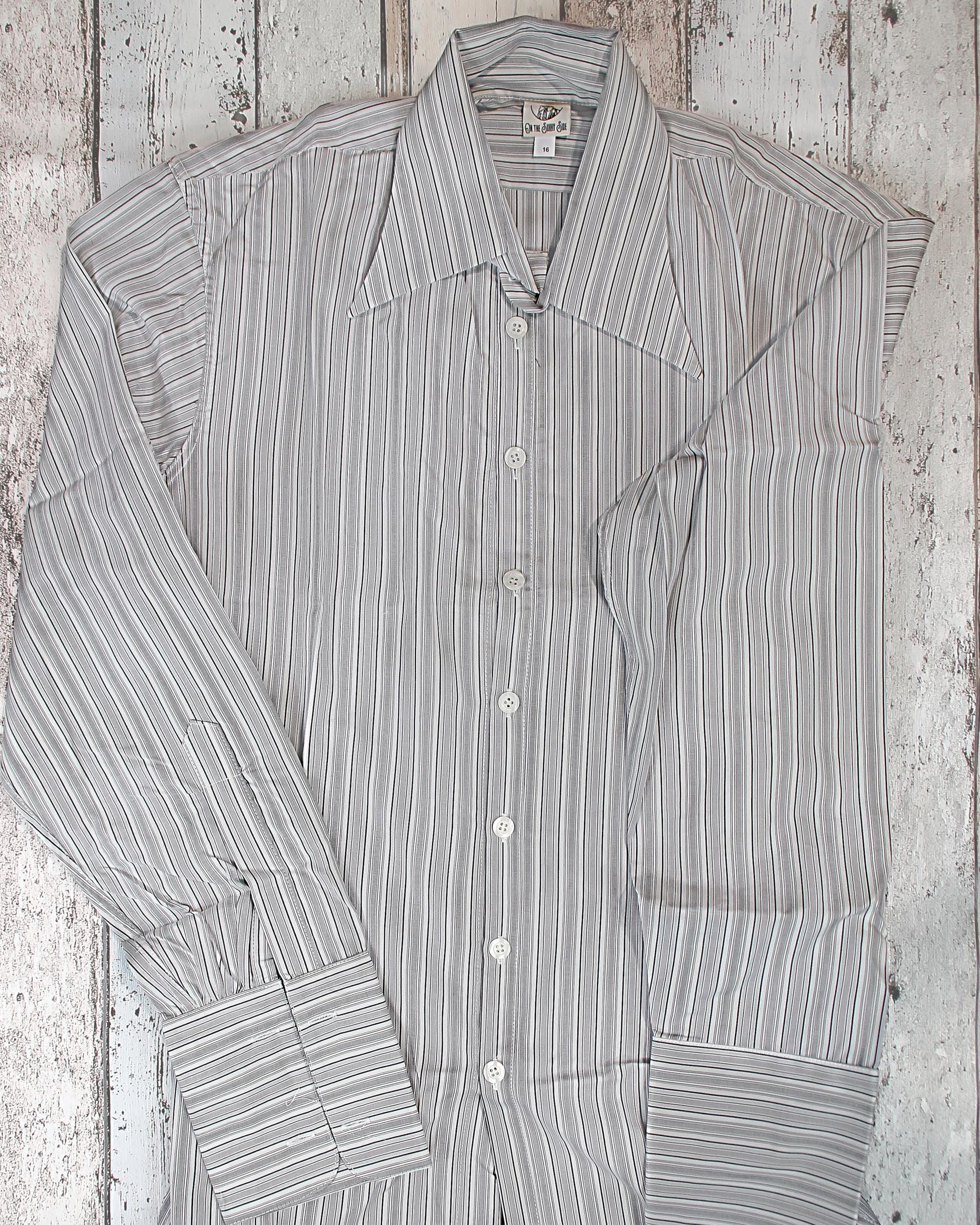 1930s vintage style spearpoint collar shirt in white and grey striped cotton with French cuffs for cufflinks