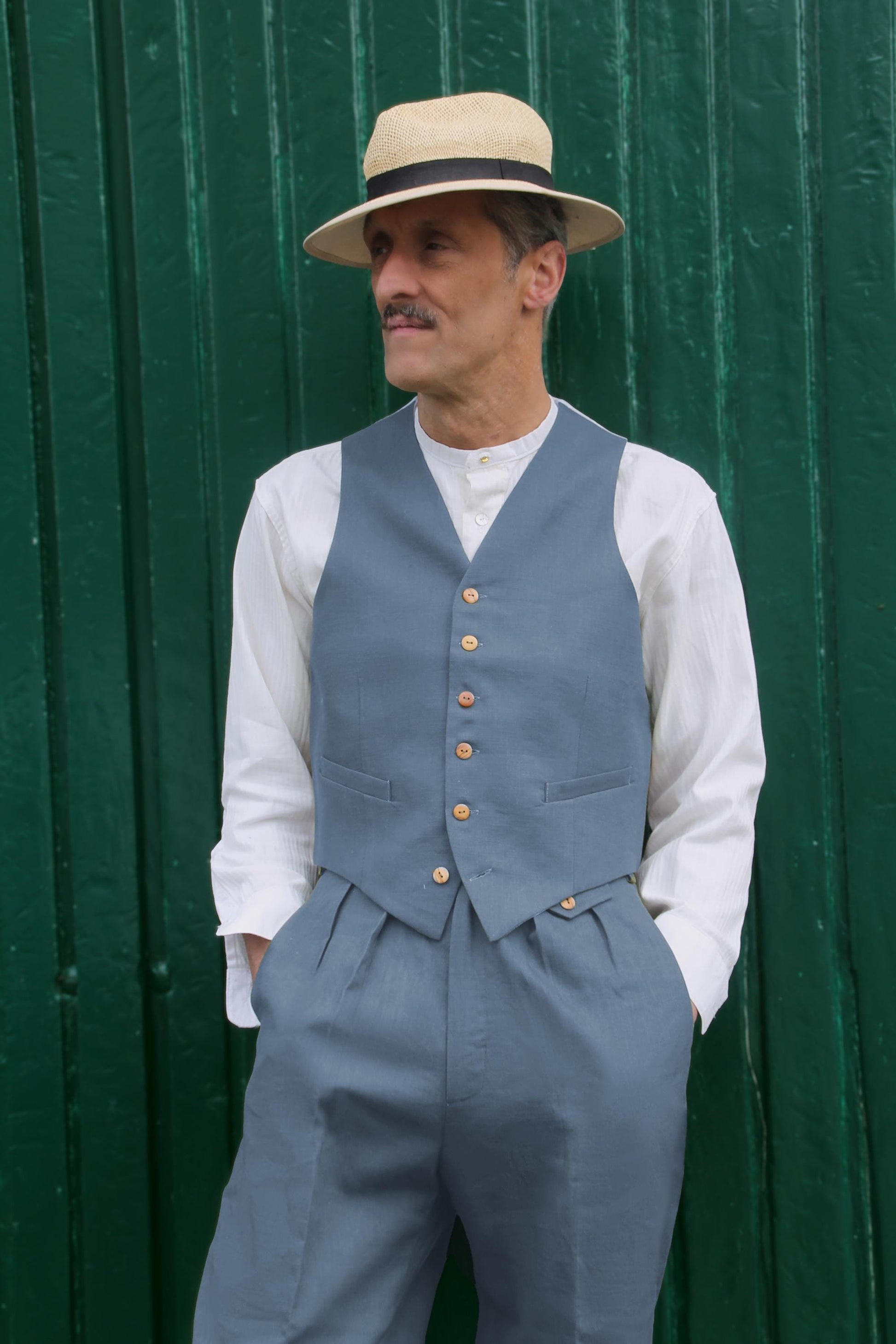 1930s 1940s waistcoat vintage style in steal blue linen