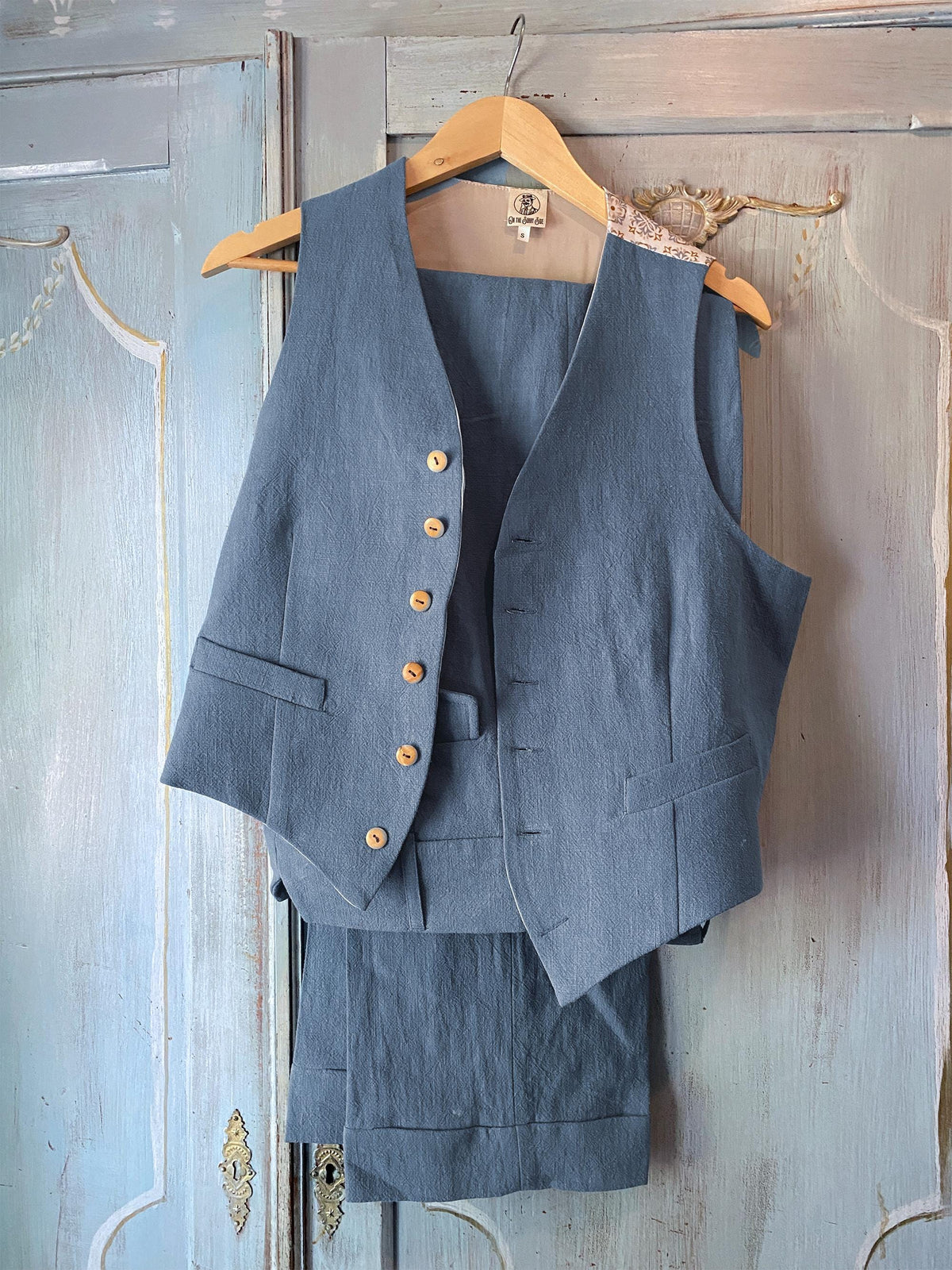 1930s 1940s waistcoat vintage style in steal blue linen