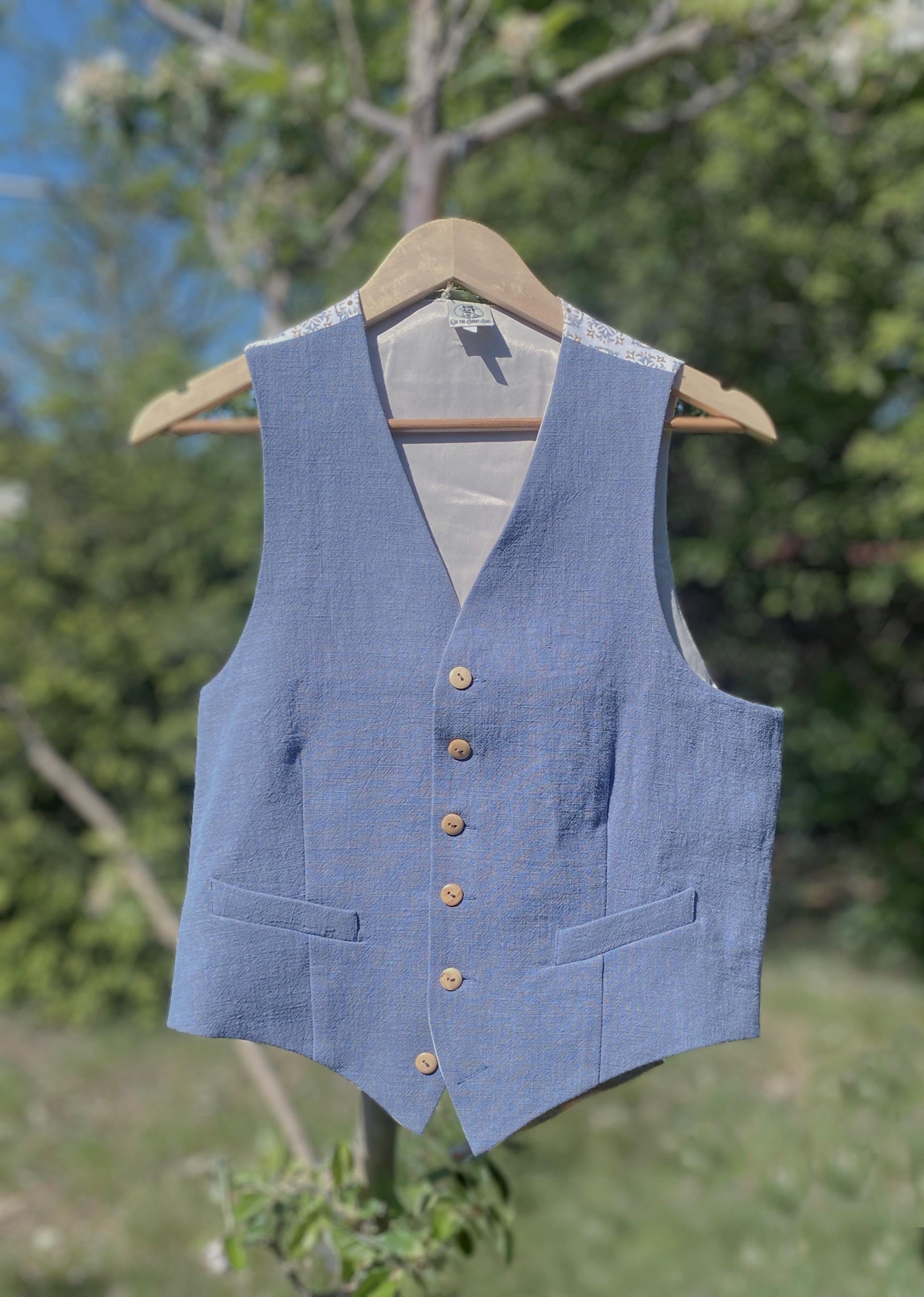 1930s 1940s waistcoat vintage style in steal blue linen