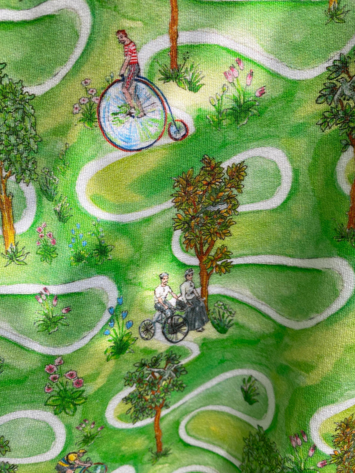 Colourful Whymsical Countryside Landscape – Bicycle Print – 100% Cotton Jersey – Original Design