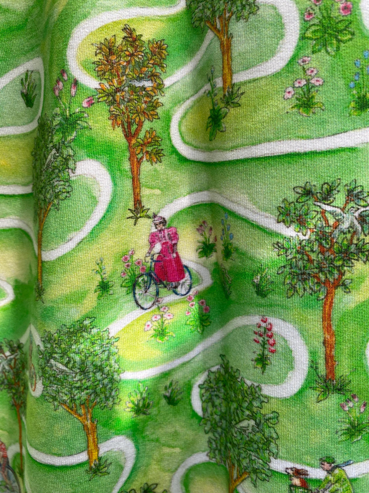Colourful Whymsical Countryside Landscape – Bicycle Print – 100% Cotton Jersey – Original Design