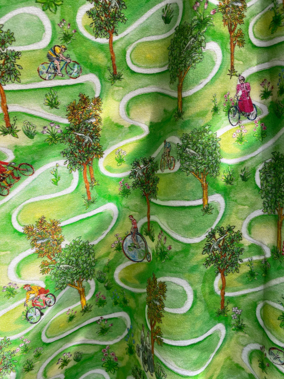 Colourful Whymsical Countryside Landscape – Bicycle Print – 100% Cotton Jersey – Original Design