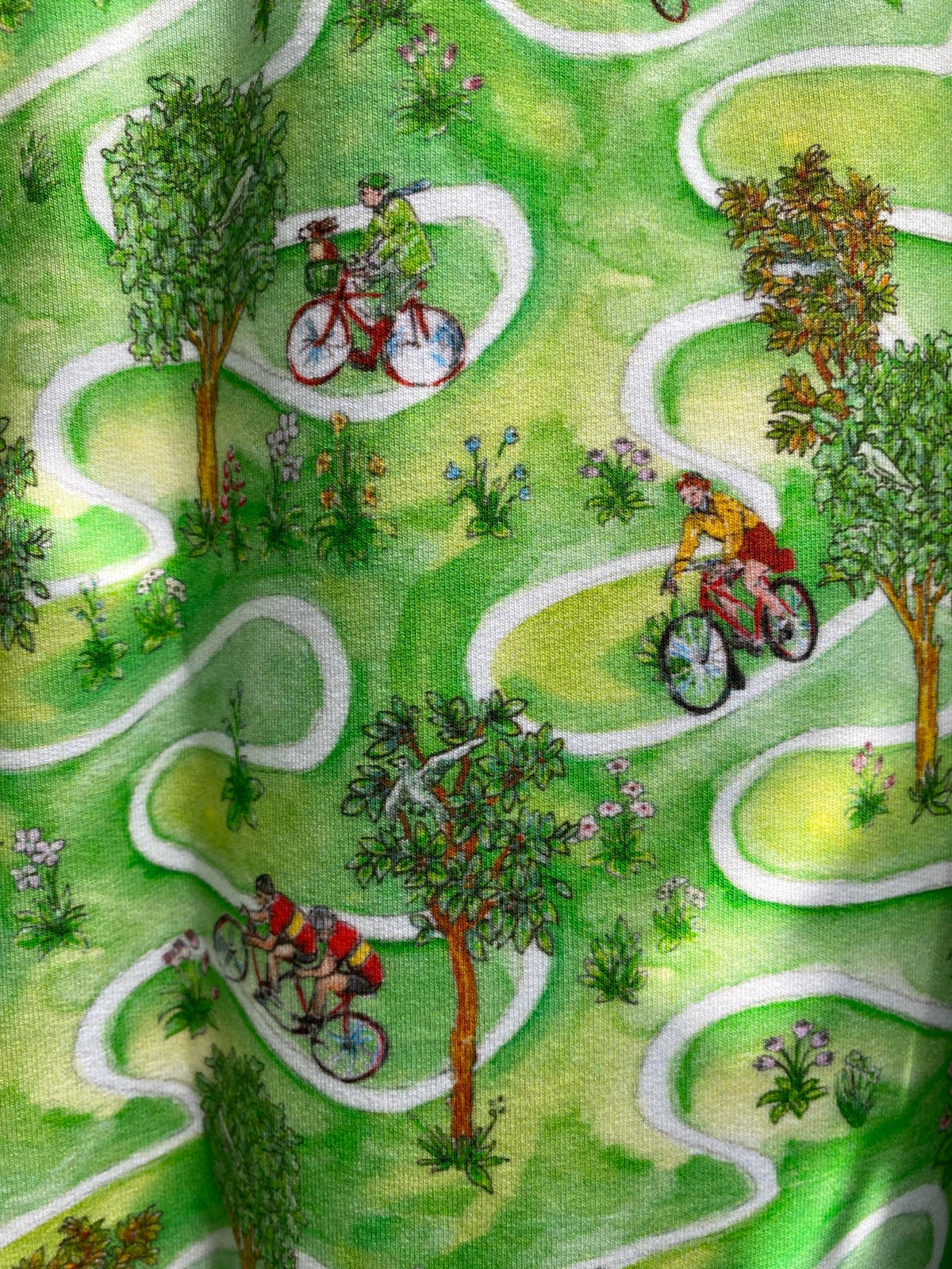 Colourful Whymsical Countryside Landscape – Bicycle Print – 100% Cotton Jersey – Original Design