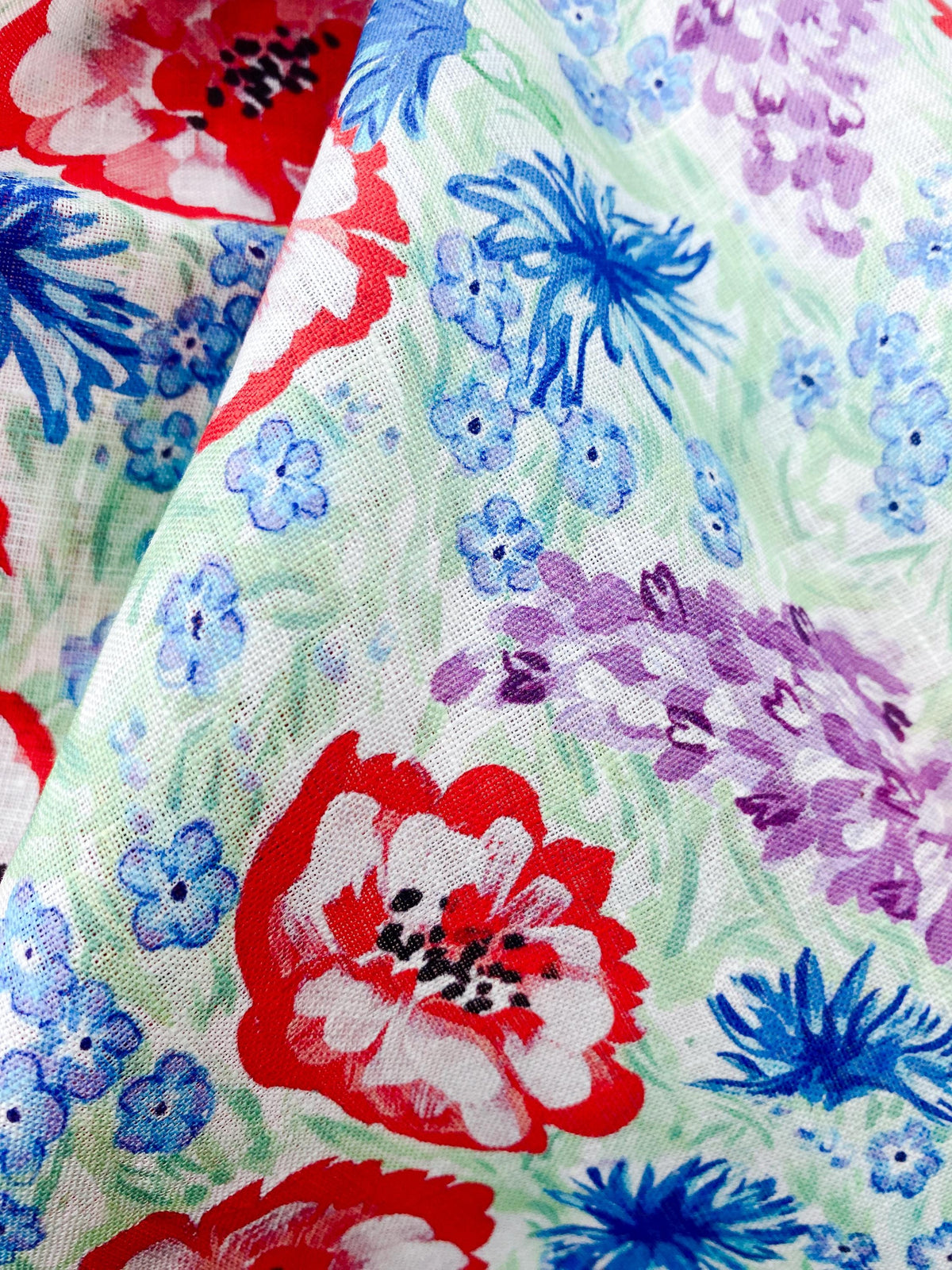 Hand-Painted Poppies & Cornflowers Fabric – Botanical Floral Print (0.5m)