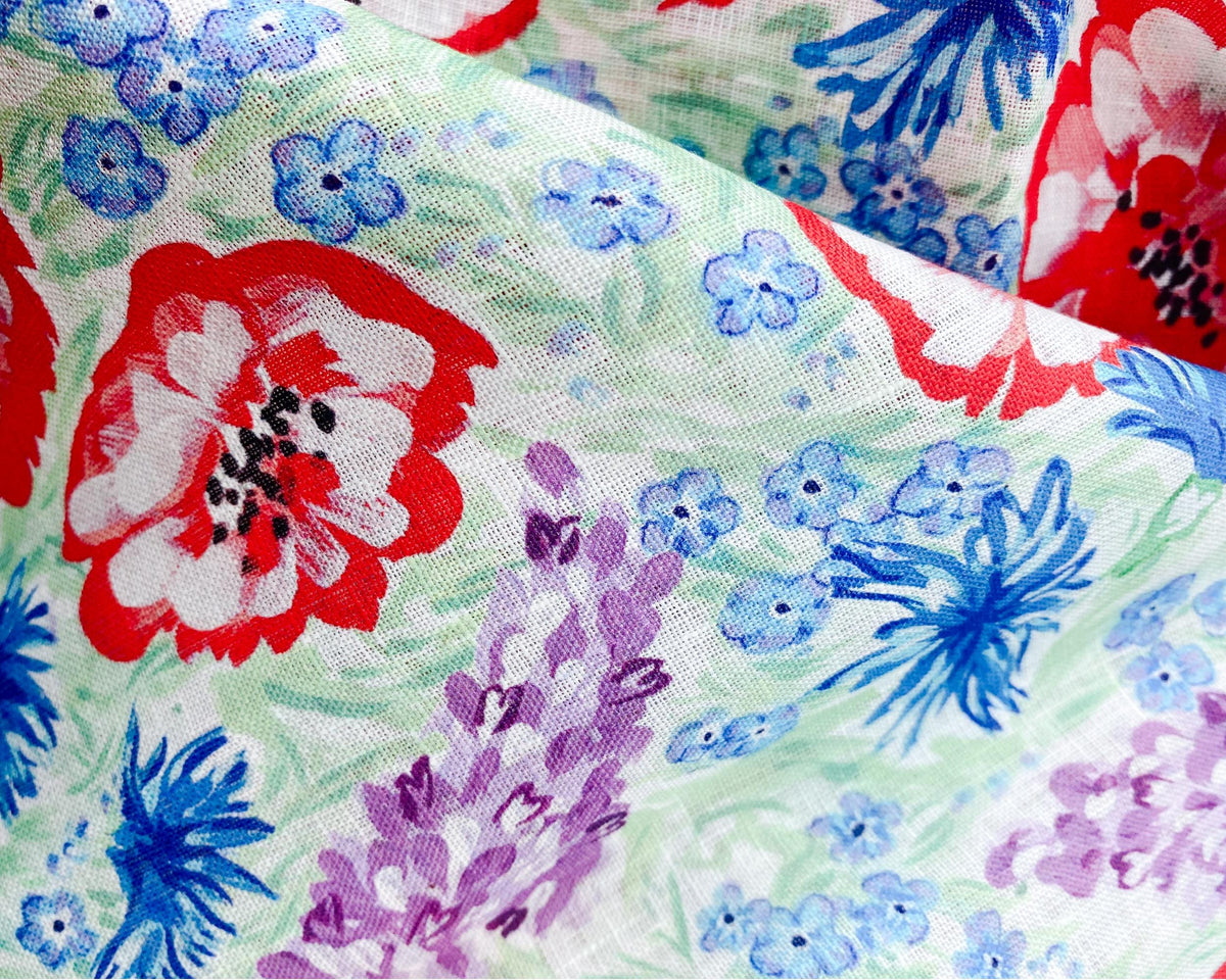 Hand-Painted Poppies & Cornflowers Fabric – Botanical Floral Print (0.5m)
