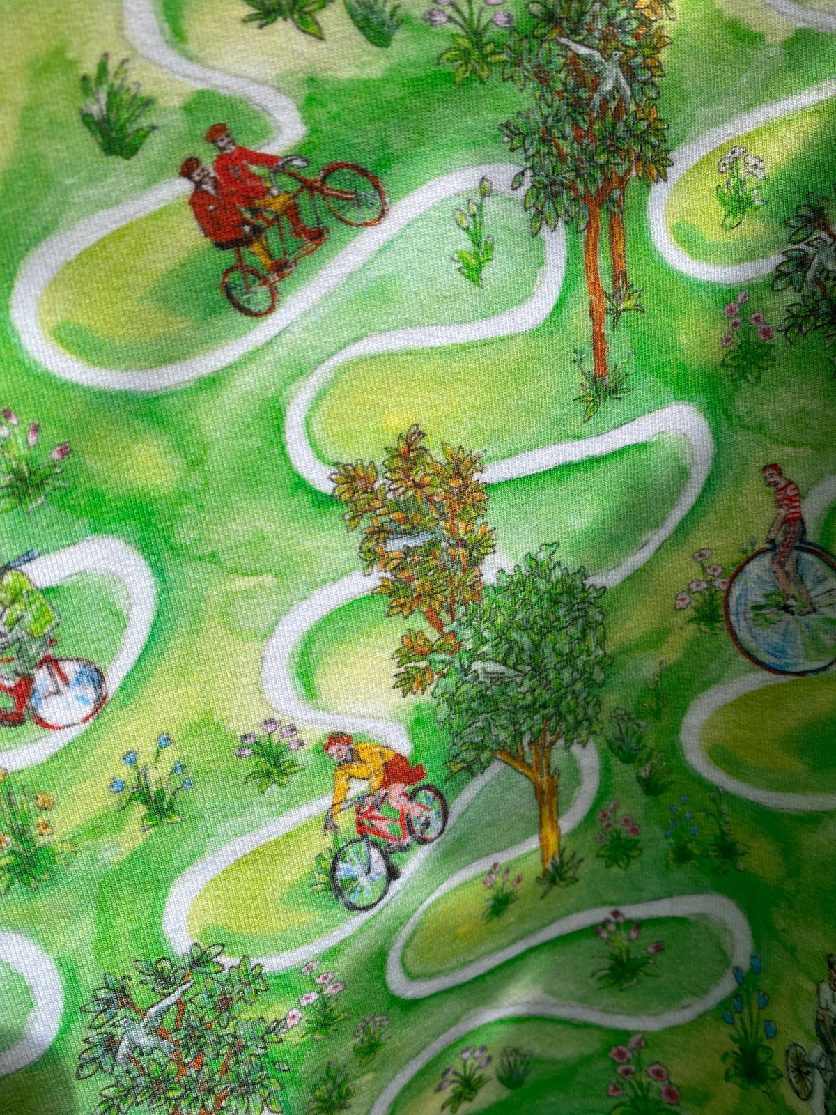 Colourful Whymsical Countryside Landscape – Bicycle Print – 100% Cotton Jersey – Original Design