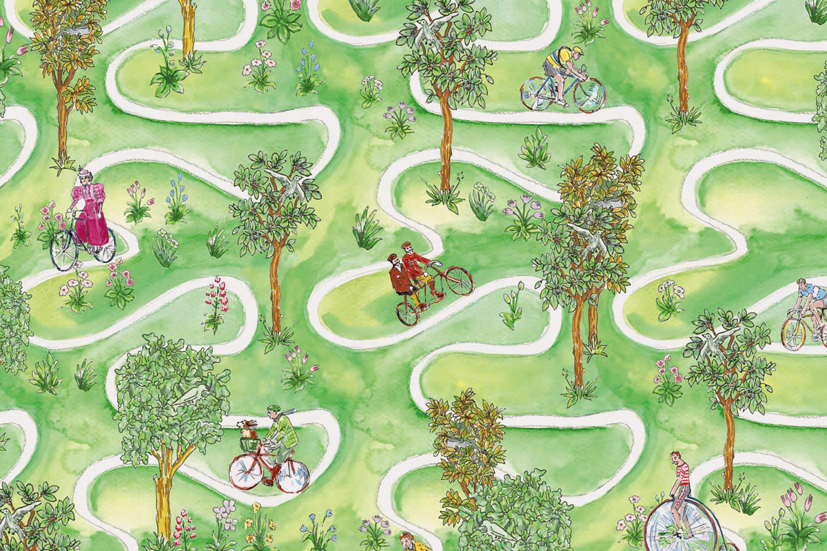 Colourful Whymsical Countryside Landscape – Bicycle Print – 100% Cotton Jersey – Original Design