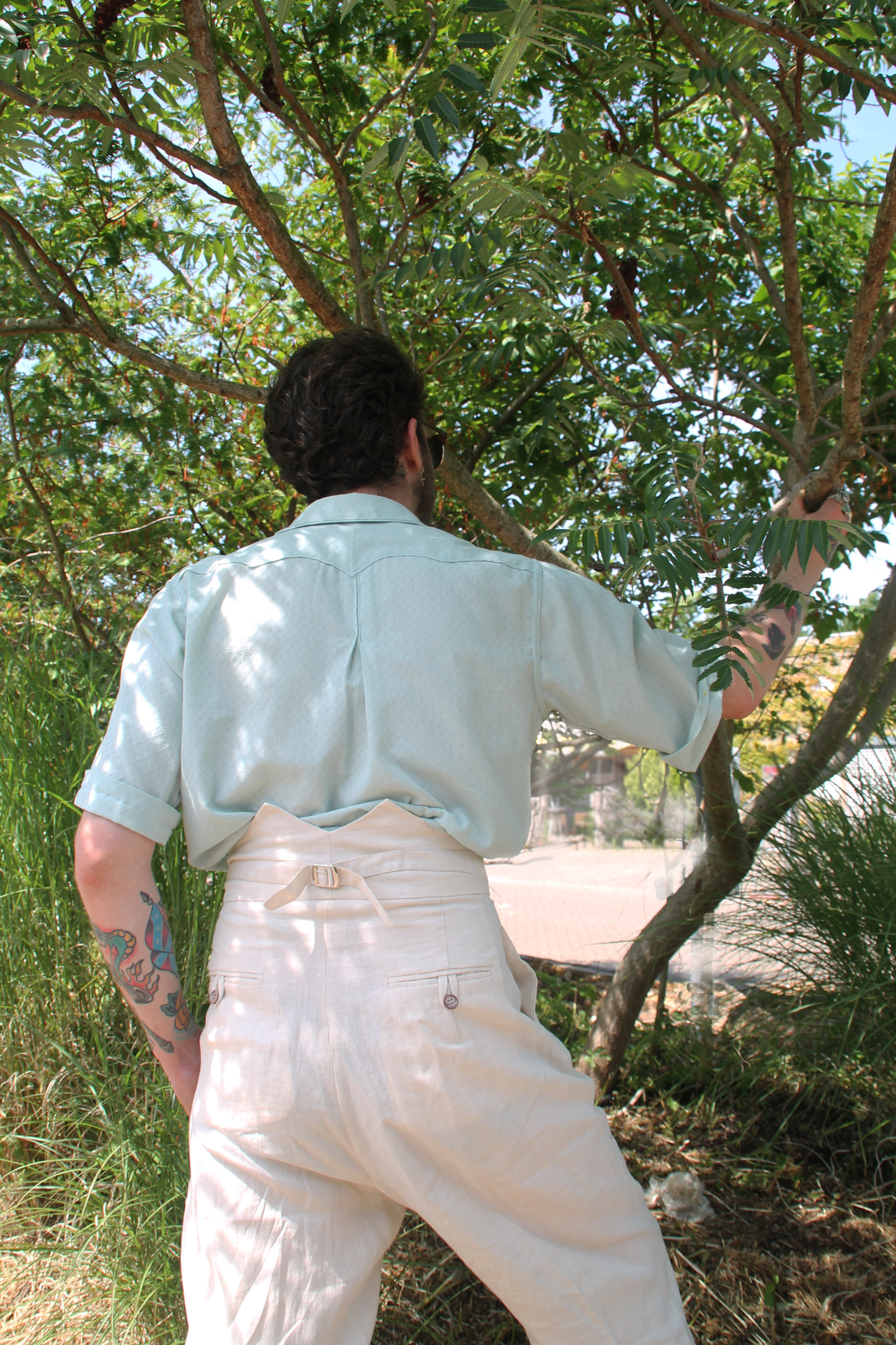 1940s blue high waisted trousers with pleated front in cotton twill