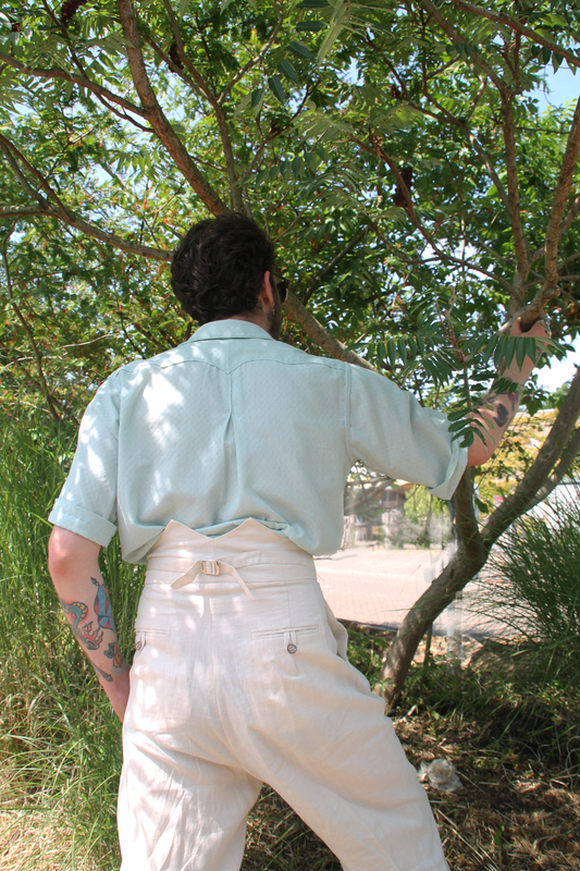 1940s blue high waisted trousers with pleated front in linen