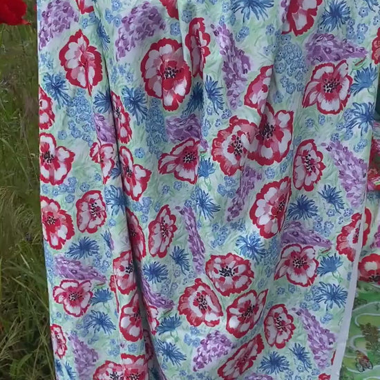 Hand-Painted Poppies & Cornflowers Linen-cotton dress fabric – Botanical Floral Print (0.5m)