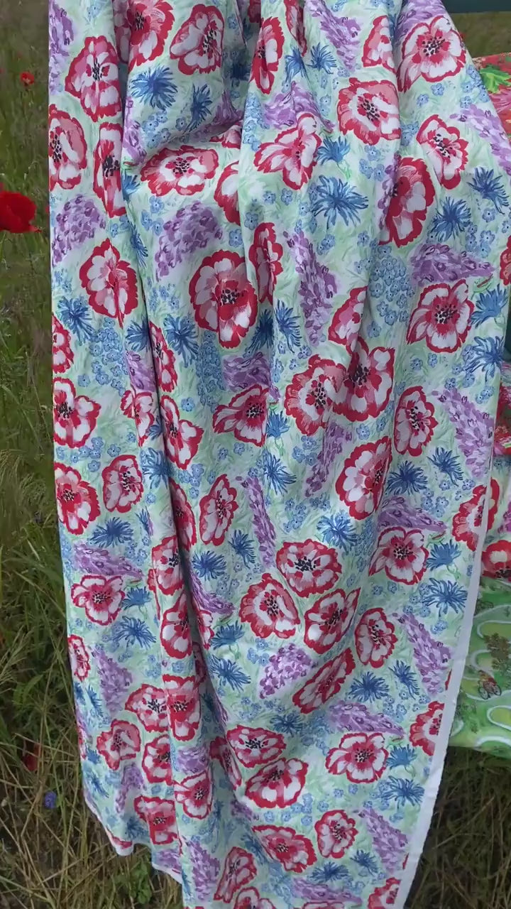 Hand-Painted Poppies & Cornflowers Linen-cotton dress fabric – Botanical Floral Print (0.5m)
