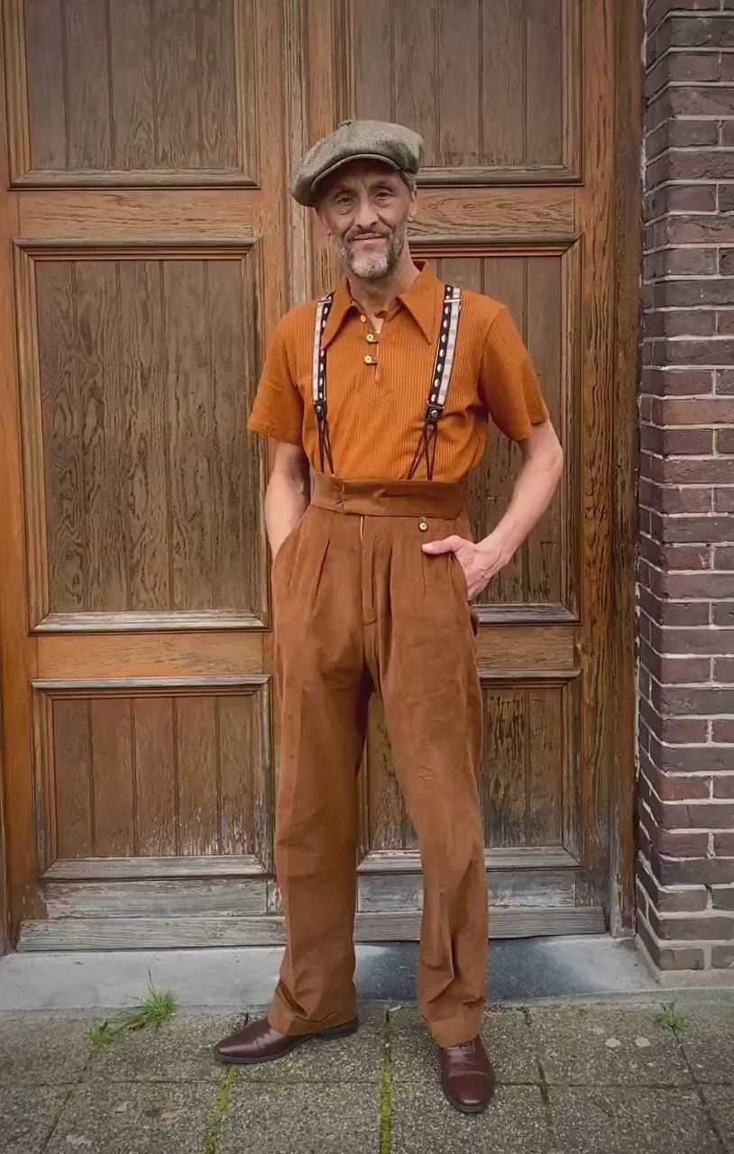 1930s style organic cotton polo shirt caramel brown orange