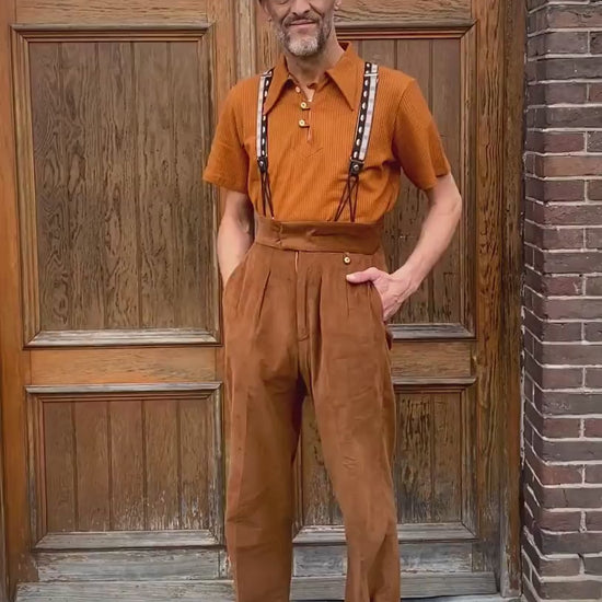 1930s style organic cotton polo shirt caramel brown orange