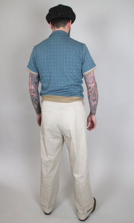 1940s blue high waisted trousers with pleated front in cotton twill